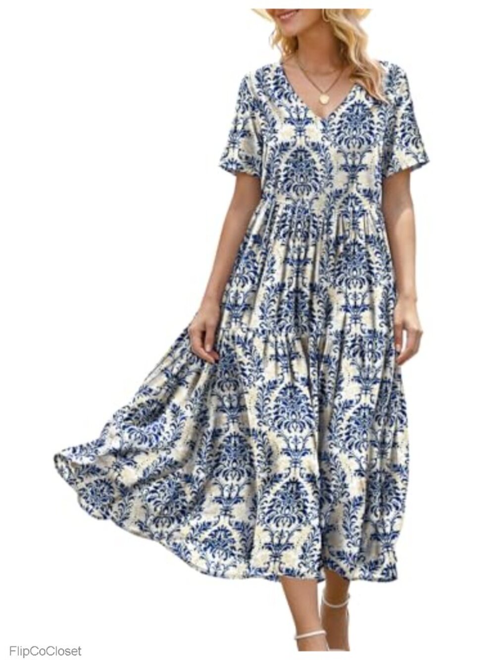 Women's Summer Maxi Dress Cotton Rayon Boho V Neck Short Sleeve Pockets